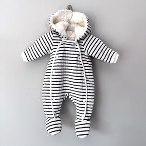 Nordstrom Baby Gray & White Striped Winter Hooded Onesie